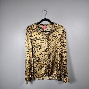 Sunny Leigh Silk Zebra Print Shirt Black and Beige  Long Sleeve Blouse Size L